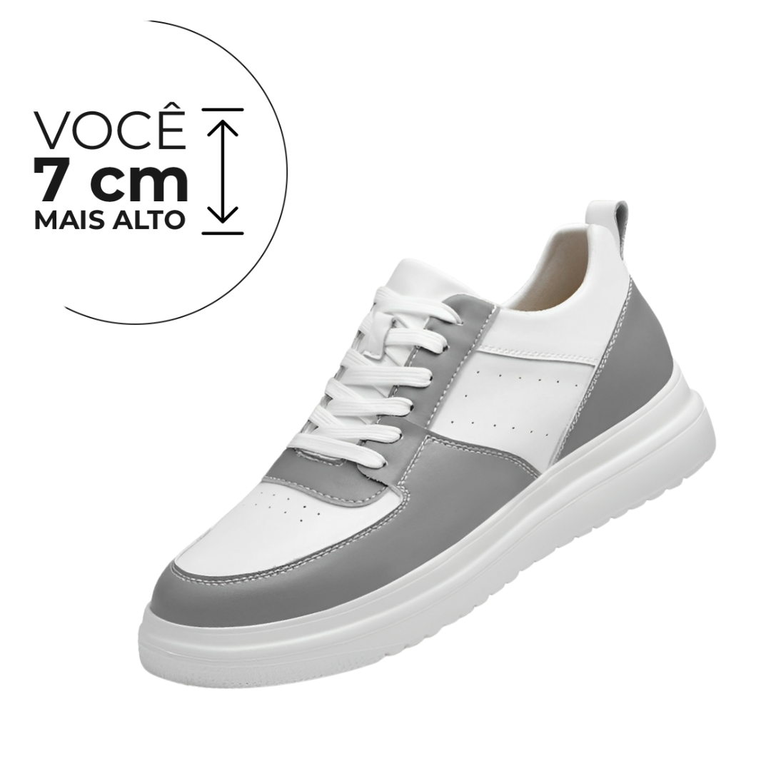 Tênis Casual Sopro - Aumenta Altura 7 cm - Couro - Cinza e Branco - Masculino
